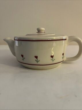 Hartstone Pottery Cream Ceramic Teapot with Red Heart Accent  Handcrafted Signed